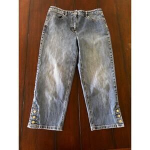 Talbots Women Size 10 Cropped Denim Jeans‎ Blue Capri Pants Button Hem Stretch